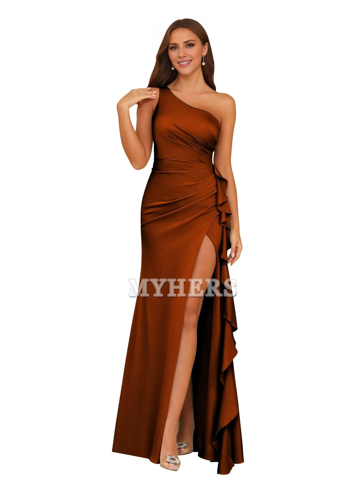 One Shoulder Ruffle Pleated Side Fork Elegant Fashion Bridesmaid Dresses Wedding Guests Dresses