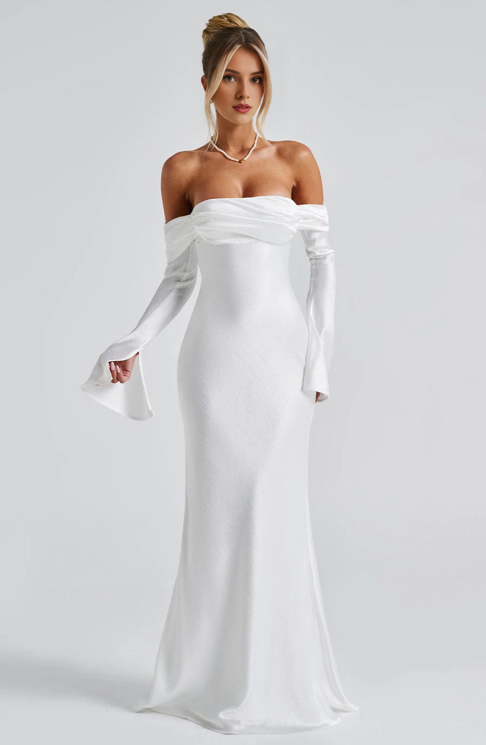 Elegant Mermaid Bardot Neckline Twisted Panel Long Sleeves Slighted Flared Split Cuffs Dresses Fashion Bridesmaid Dresses Wedding Guests Dresses