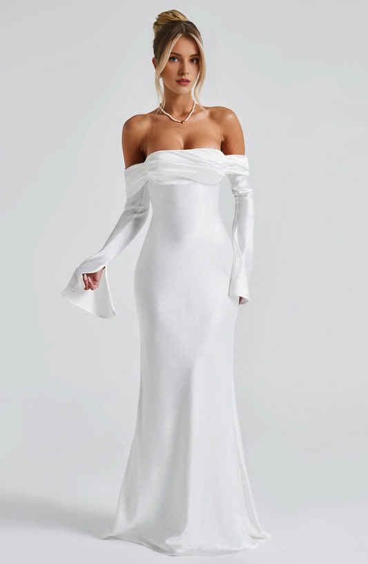 Elegant Mermaid Bardot Neckline Twisted Panel Long Sleeves Slighted Flared Split Cuffs Dresses Fashion Bridesmaid Dresses Wedding Guests Dresses