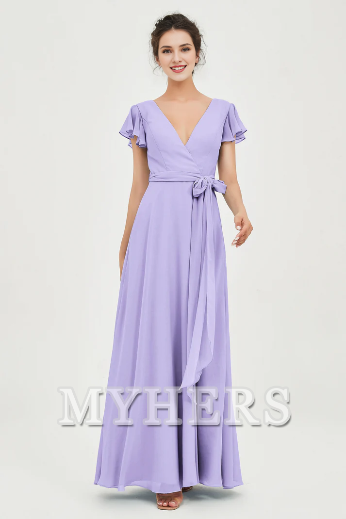 MY HERS Chiffon A-Line V-neck Flutter Sleeves Pleated Lace up Floor-Length Elegant Simple Bridesmaid Dresses Wedding Guests Dresses