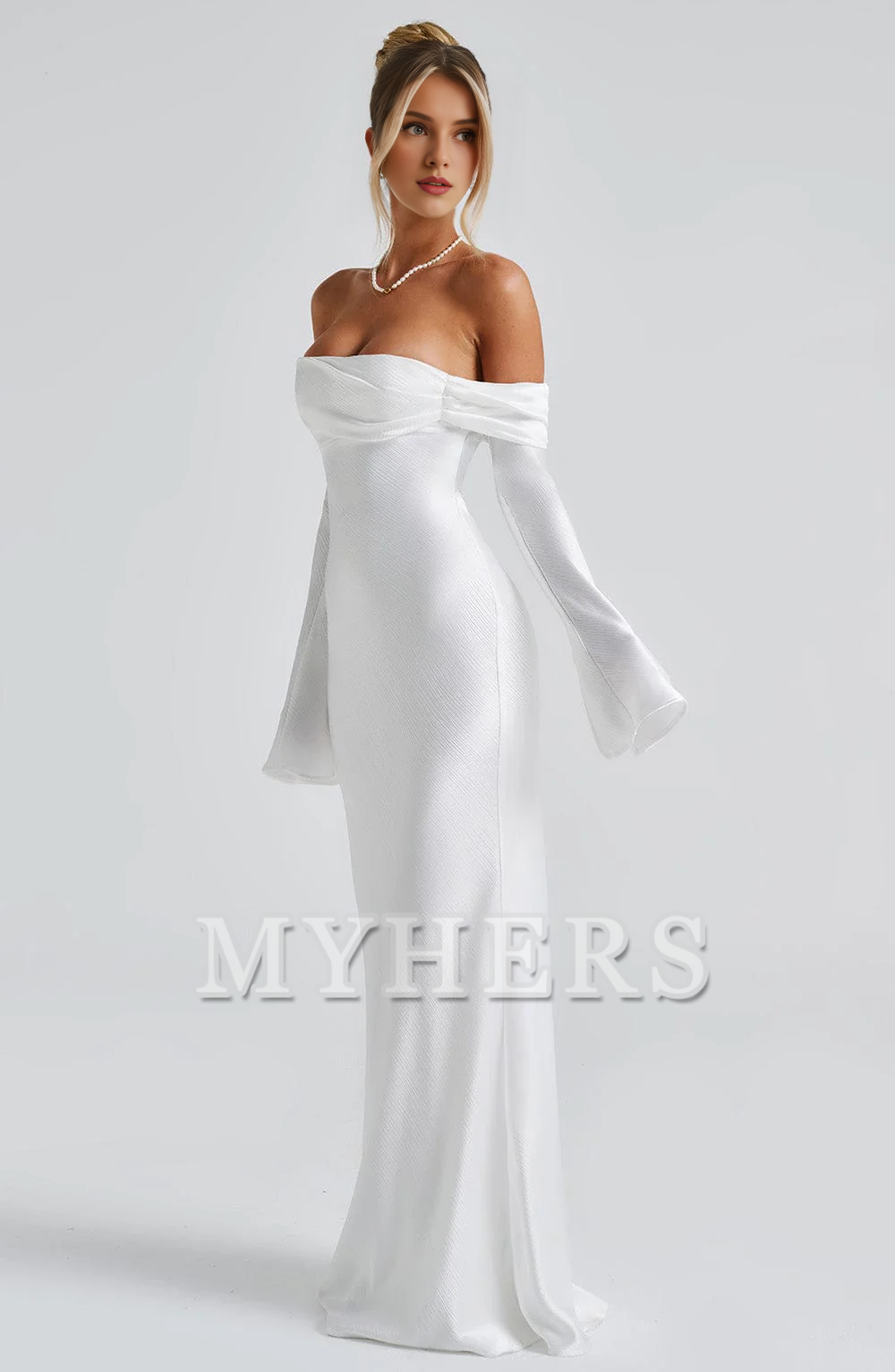 Elegant Mermaid Bardot Neckline Twisted Panel Long Sleeves Slighted Flared Split Cuffs Dresses Fashion Bridesmaid Dresses Wedding Guests Dresses