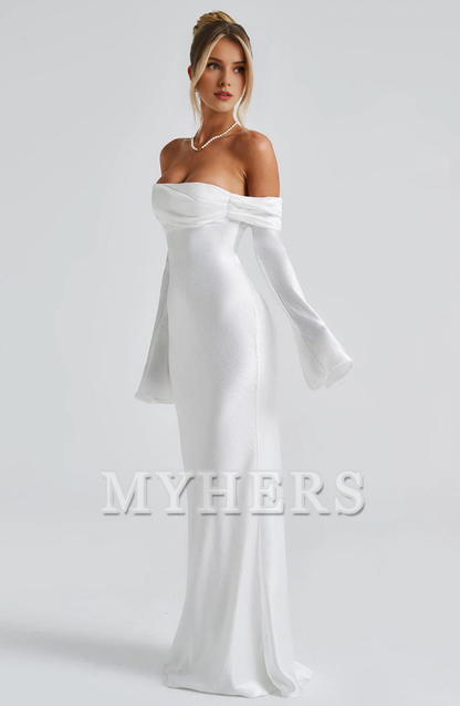 Elegant Mermaid Bardot Neckline Twisted Panel Long Sleeves Slighted Flared Split Cuffs Dresses Fashion Bridesmaid Dresses Wedding Guests Dresses
