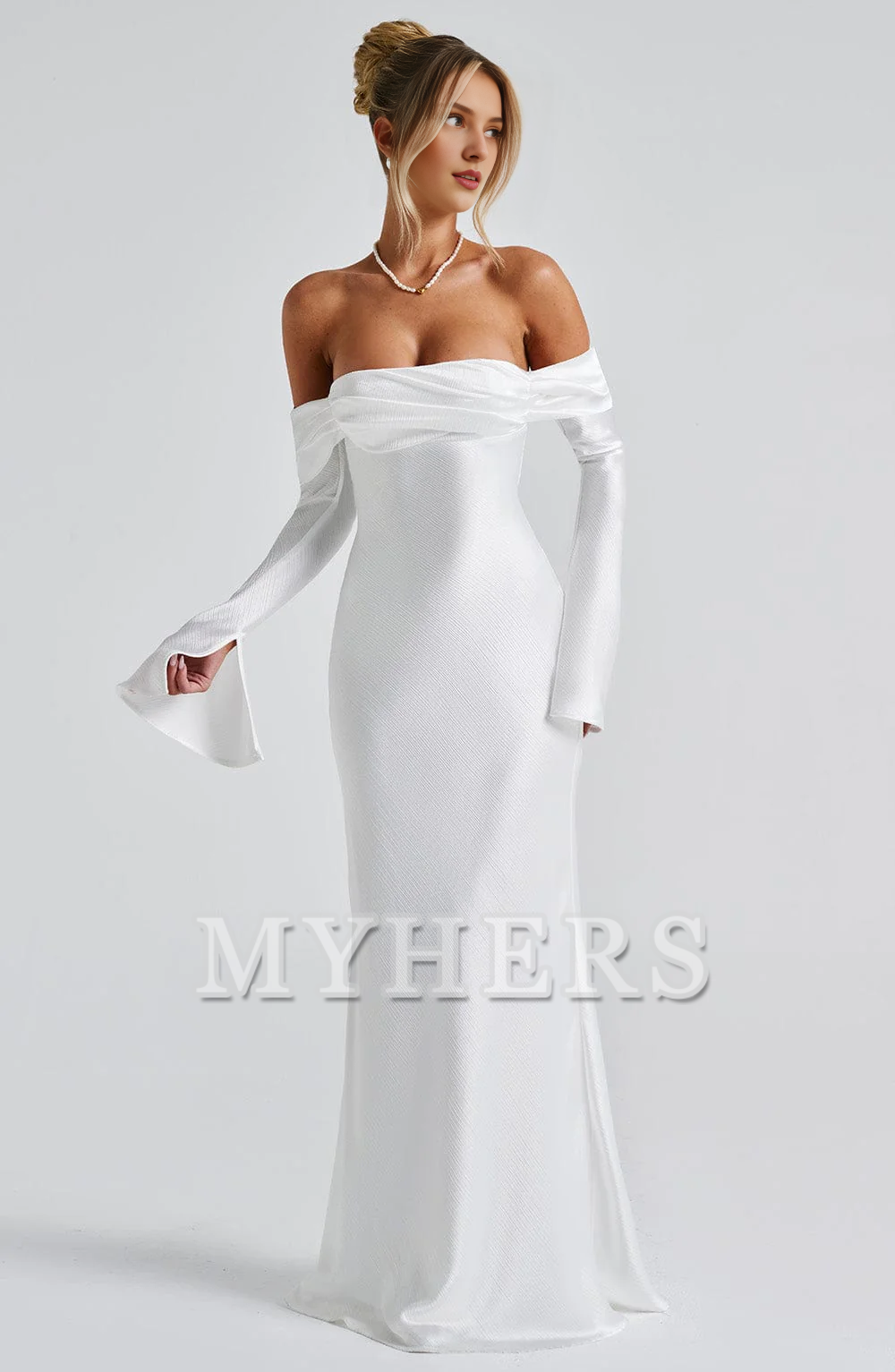 Elegant Mermaid Bardot Neckline Twisted Panel Long Sleeves Slighted Flared Split Cuffs Dresses Fashion Bridesmaid Dresses Wedding Guests Dresses