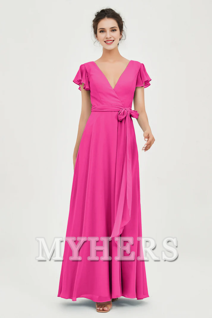 MY HERS Chiffon A-Line V-neck Flutter Sleeves Pleated Lace up Floor-Length Elegant Simple Bridesmaid Dresses Wedding Guests Dresses