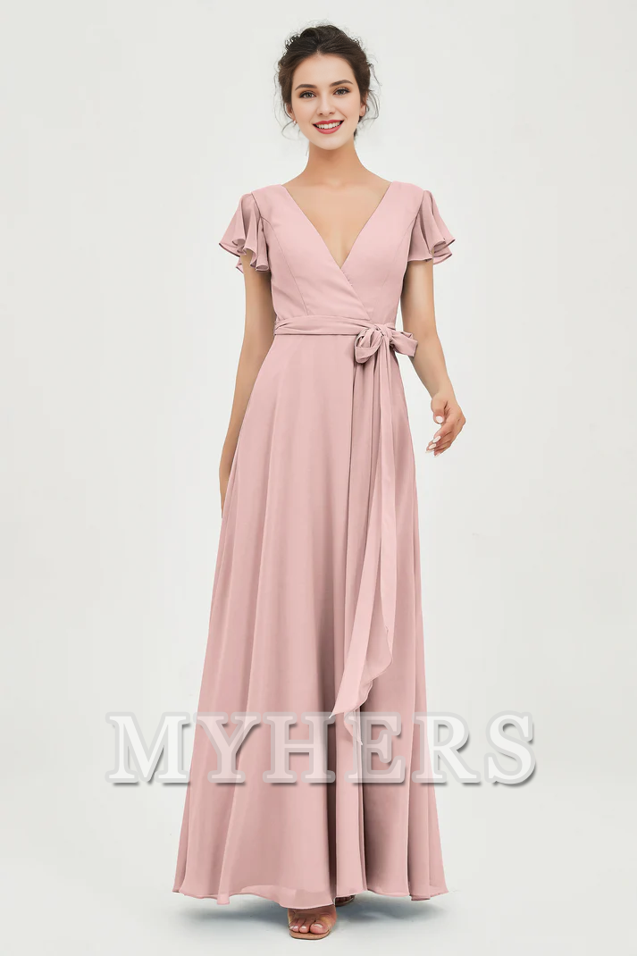 MY HERS Chiffon A-Line V-neck Flutter Sleeves Pleated Lace up Floor-Length Elegant Simple Bridesmaid Dresses Wedding Guests Dresses