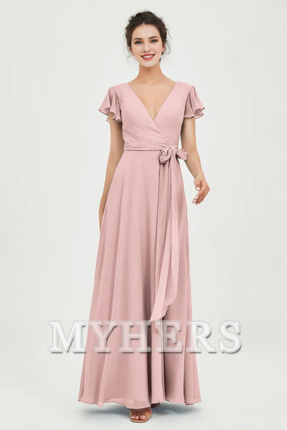 MY HERS Chiffon A-Line V-neck Flutter Sleeves Pleated Lace up Floor-Length Elegant Simple Bridesmaid Dresses Wedding Guests Dresses