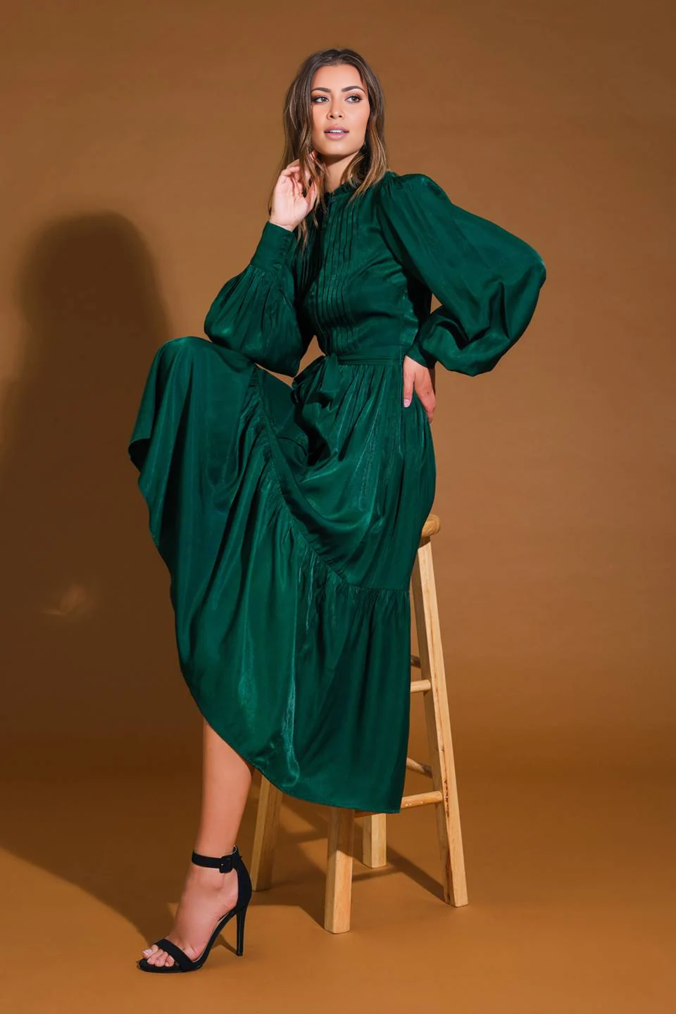 November December Wedding Guest Formal Dress Featuring Round Neckline Long Sleeve With Cuff Bodice Pleating Detail Self Sash Tie Button Down Ruffled Hemline Formal Prom Dress