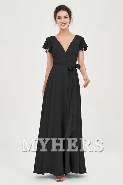 MY HERS Chiffon A-Line V-neck Flutter Sleeves Pleated Lace up Floor-Length Elegant Simple Bridesmaid Dresses Wedding Guests Dresses