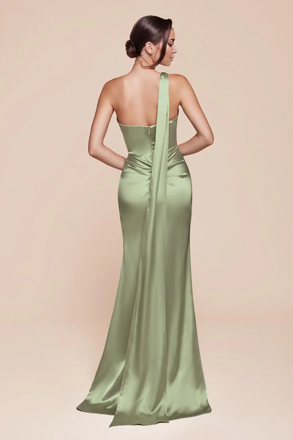 November December Wedding Guest Formal Dress Fitted Luxe Satin Gown One Shoulder Halter Neckline Gathered Waistline Leg Slit Simple Prom Dress
