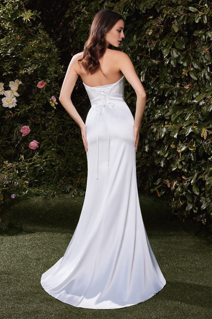 November December Wedding Guest Formal Dress Luxe Satin Gown Strapless Form Fitting Bodice Lace-Up Corset Strapless Straight Neckline Gathered Waistline Leg Slit Dress Has No Stretch Simple Prom Dress