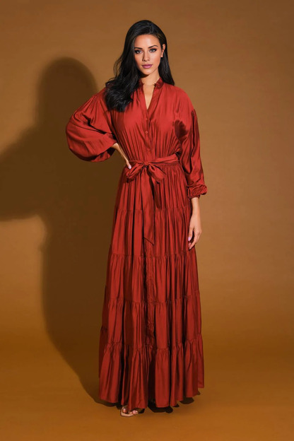 November December Wedding Guest Formal Dress V Neckline Long Sleeve Button Down Waist With Self Sash Tie Prom Dress