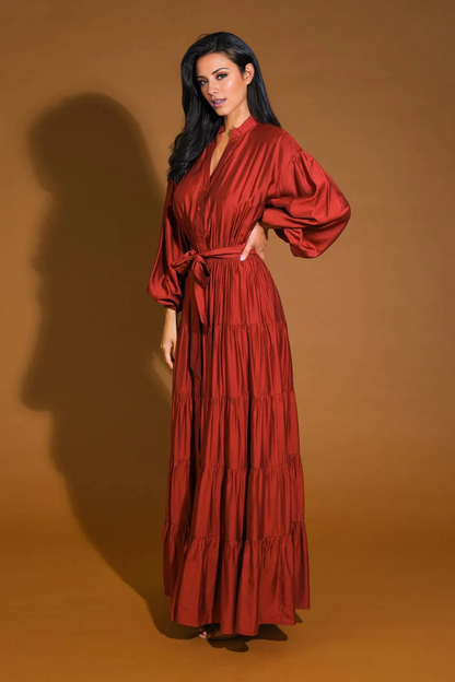 November December Wedding Guest Formal Dress V Neckline Long Sleeve Button Down Waist With Self Sash Tie Prom Dress