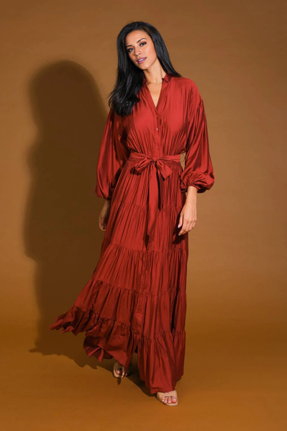 November December Wedding Guest Formal Dress V Neckline Long Sleeve Button Down Waist With Self Sash Tie Prom Dress