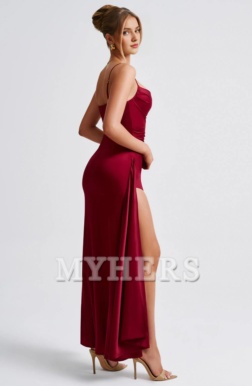 Elegant Spaghetti Strap Cowl Neckline Pleated Side Fork Charming Dresses Bridesmaid Dresses Wedding Guests Dresses