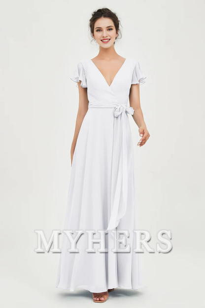 MY HERS Chiffon A-Line V-neck Flutter Sleeves Pleated Lace up Floor-Length Elegant Simple Bridesmaid Dresses Wedding Guests Dresses