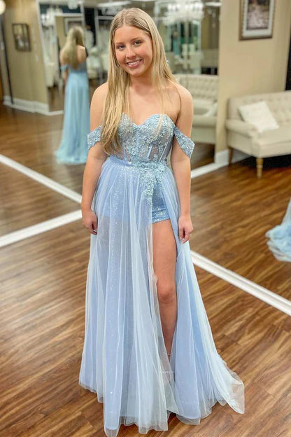 Sequin Off-the-Shoulder Romper with Attached Train