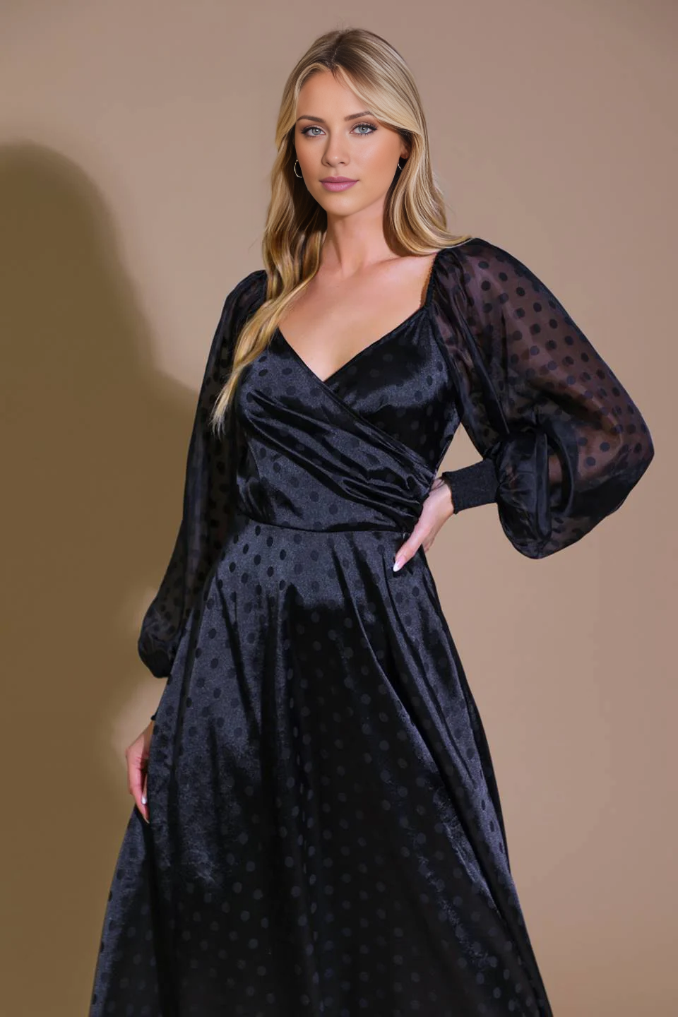 November December Wedding Guest Formal Dress Fashion V Neckline Long Sleeve Circular Dots Elegant Prom Dress