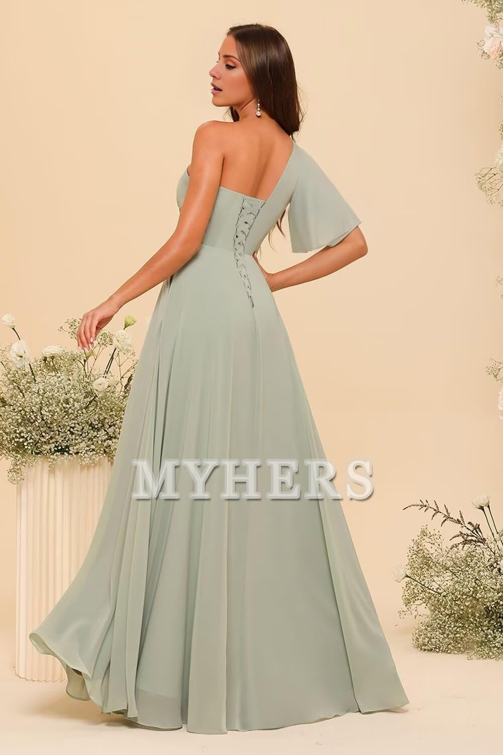 Single Sleeve Short Sleeves Chiffon Side Fork Pleated Elegant Bridesmaid Dresses Wedding Guests Dresses