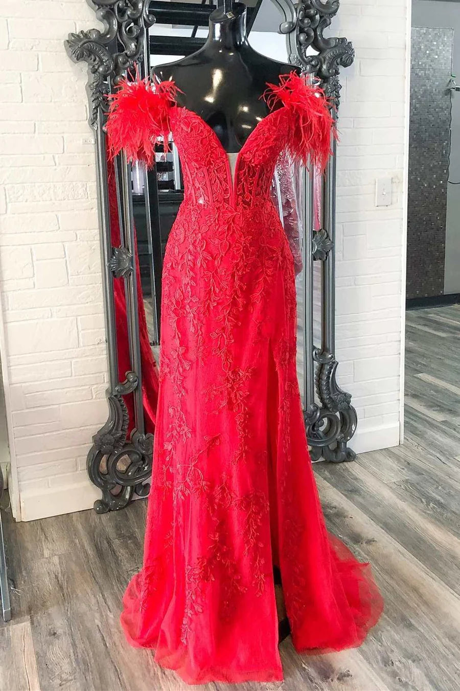 Floral Lace Feather Off-the-Shoulder Mermaid Long Prom Dress
