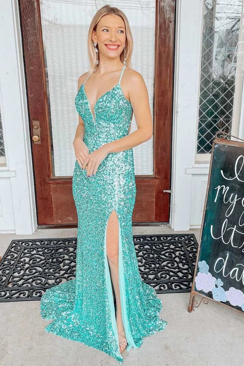 Sequin Lace-Up Back Mermaid Long Prom Dress