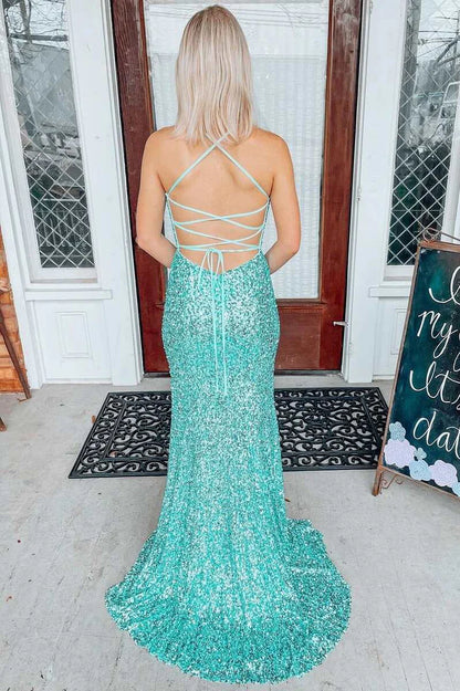 Sequin Lace-Up Back Mermaid Long Prom Dress