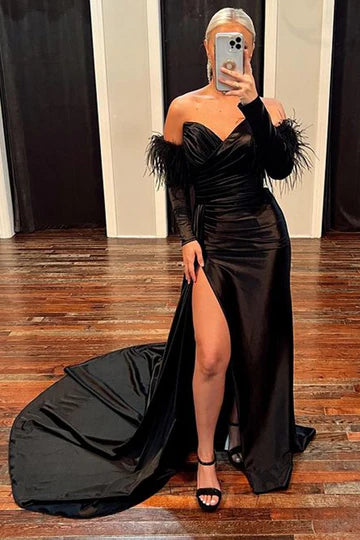 Strapless Long Sleeve Mermaid Prom Dress with Slit