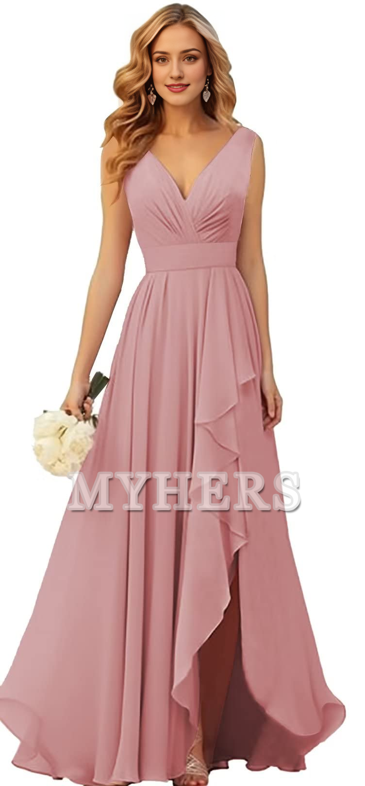 Elegant V Neck Chiffon Ruched Side Fork Long Bridesmaid Dresses Wedding Guests Dresses