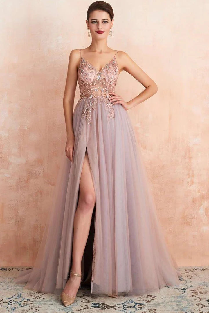 Tulle Beaded High Side Silt Prom Dress