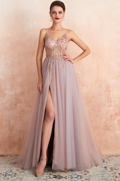 Tulle Beaded High Side Silt Prom Dress