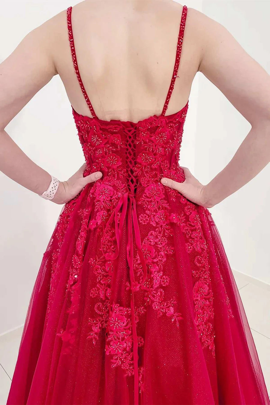 Stunning Blue Appliques V-Neck Lace-Up Back A-Line Prom Dress