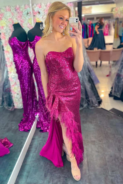 Sequin Feather Strapless Mermaid Long Prom Dress with Slit