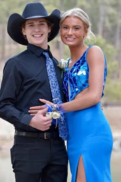 Mirror-Sequins Plunging V Neck Long Prom Dress with Slit