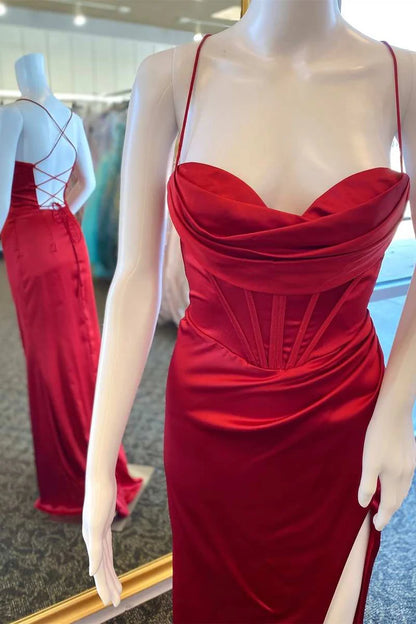 Cowl Neck Ruched Lace-Up Long Prom Dress with Slit
