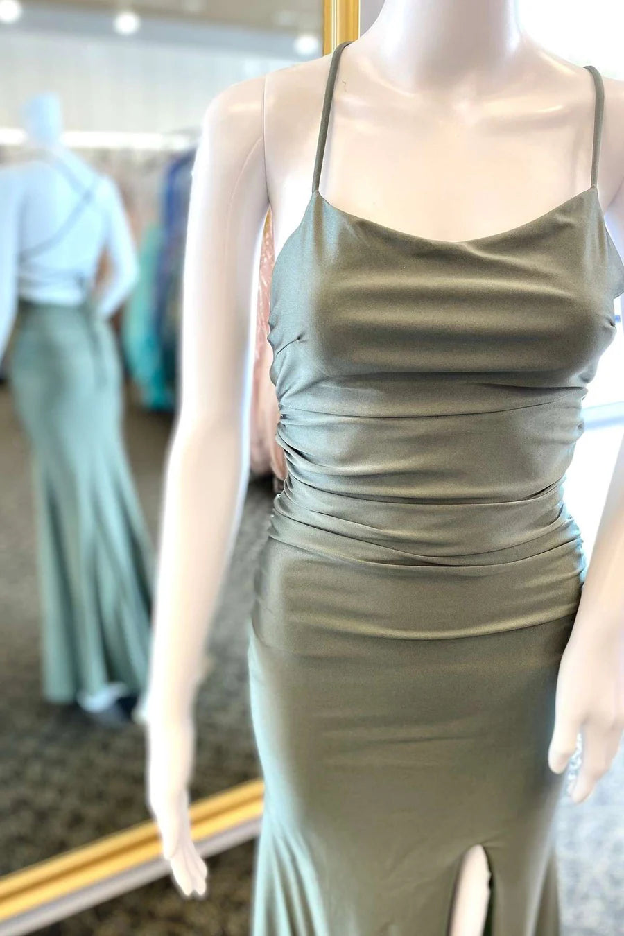 Satin Cowl Neck Lace-Up Mermaid Maxi Dress with Slit