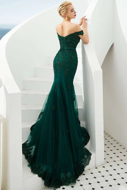 Off-the-Shoulder Appliques Trumpet Long Formal Dress