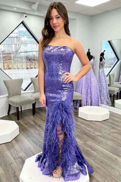 Sequin Feather Strapless Mermaid Long Prom Dress with Slit