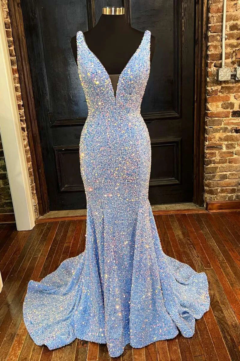 Glitter Plunge  Sequin Trumpet Long Formal Dress