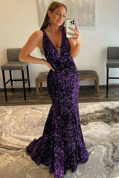 Glitter Plunge  Sequin Trumpet Long Formal Dress