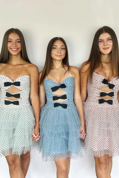 Light Blue Off-the-Shoulder Strapless  Dot Tulle Ruffle Homecoming Dress with Bow