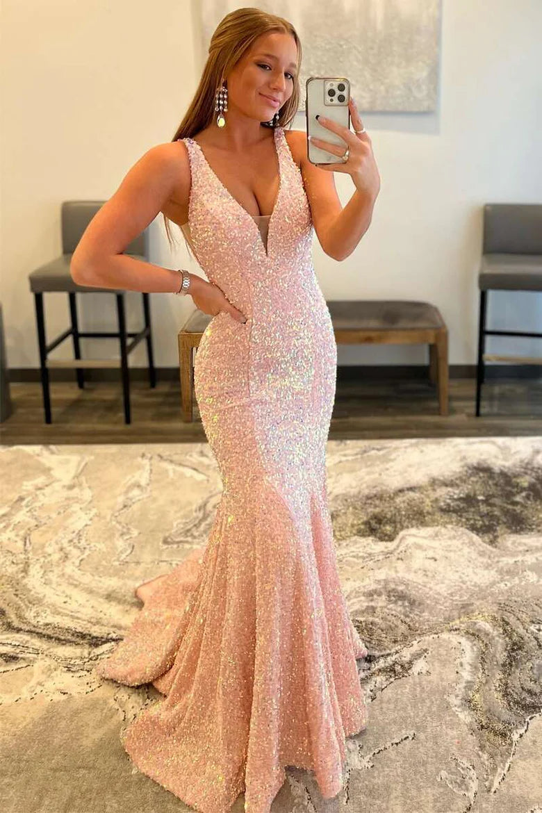 Glitter Plunge  Sequin Trumpet Long Formal Dress
