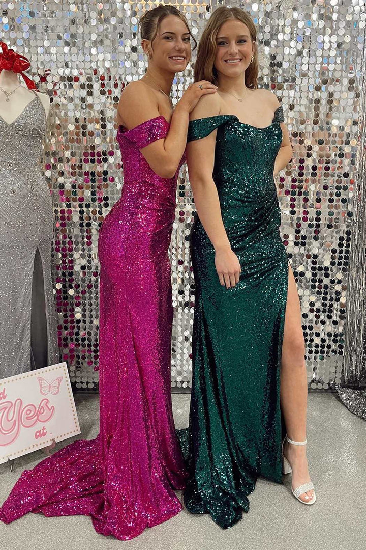 Sequin Off-the-Shoulder Mermaid Long Prom Dress with Slit
