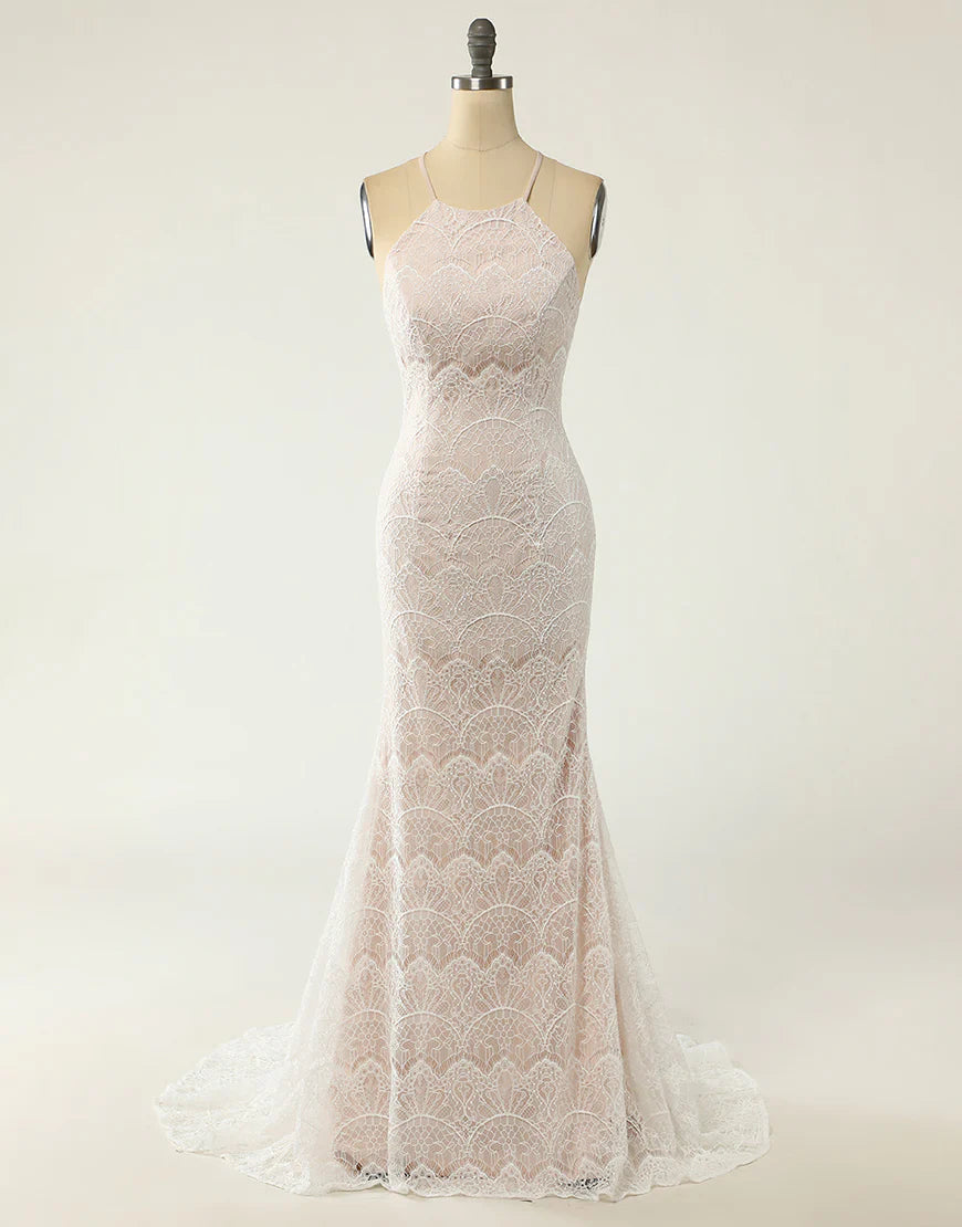 Mermaid Halter White Lace Wedding Dress with Sweep Train