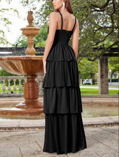 Wedding Guest Dress Spaghetti Strap Cascading Ruffles Side fork Gracefully Black Formal Dress Evening Dress