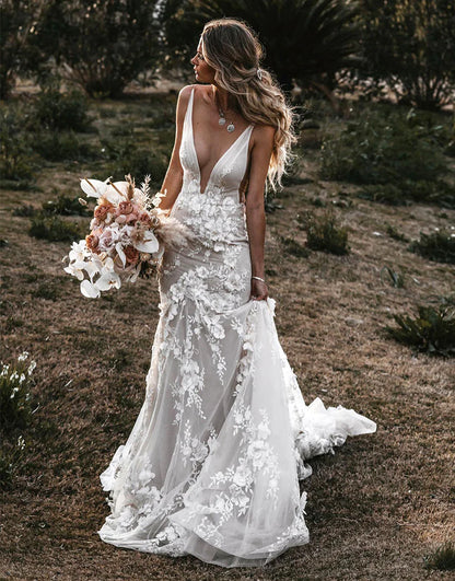 3D Flowers Mermaid Wedding Dresses