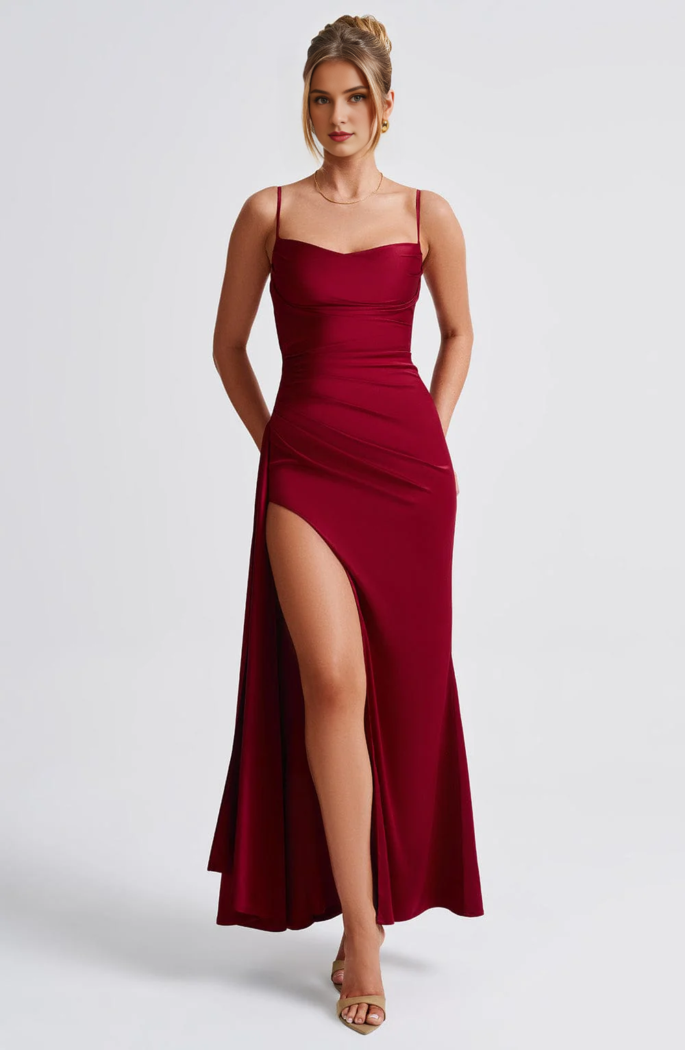 Elegant Spaghetti Strap Cowl Neckline Pleated Side Fork Charming Dresses Bridesmaid Dresses Wedding Guests Dresses