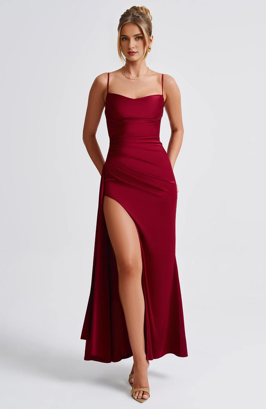 Elegant Spaghetti Strap Cowl Neckline Pleated Side Fork Charming Dresses Bridesmaid Dresses Wedding Guests Dresses