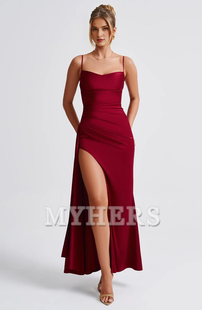 Elegant Spaghetti Strap Cowl Neckline Pleated Side Fork Charming Dresses Bridesmaid Dresses Wedding Guests Dresses