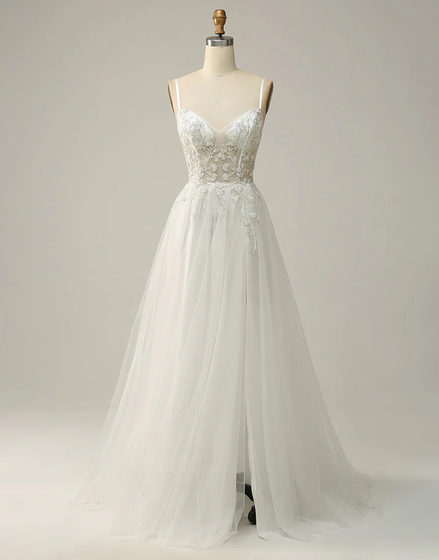 A Line Spaghetti Straps White Long Bridal Dress with Appliques