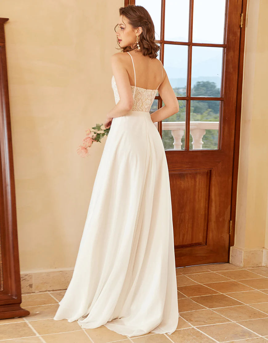A Line Spaghetti Straps White Wedding Dress with Appliques