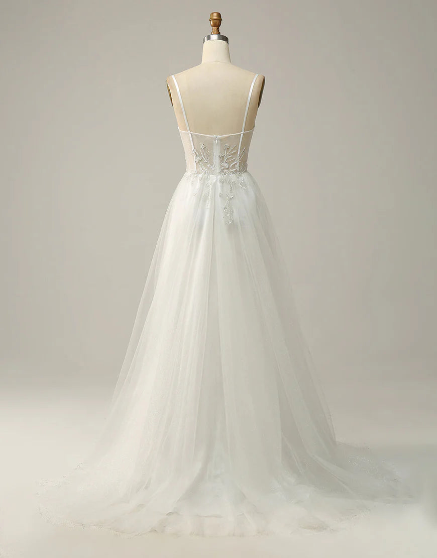 A Line Spaghetti Straps White Long Bridal Dress with Appliques